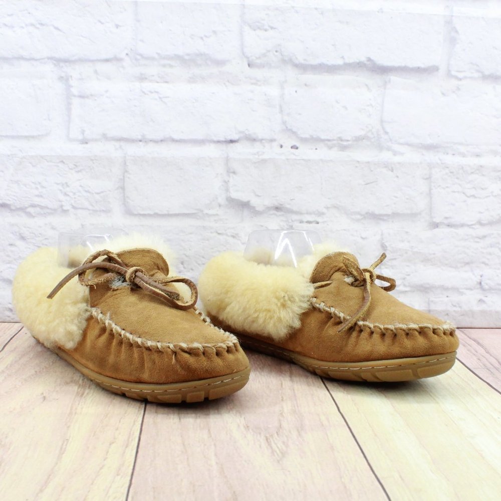 LL Bean Wicked Good Brown Suede Shearling Lined Moccasin Slippers Size 7 Medium - Picture 3 of 10